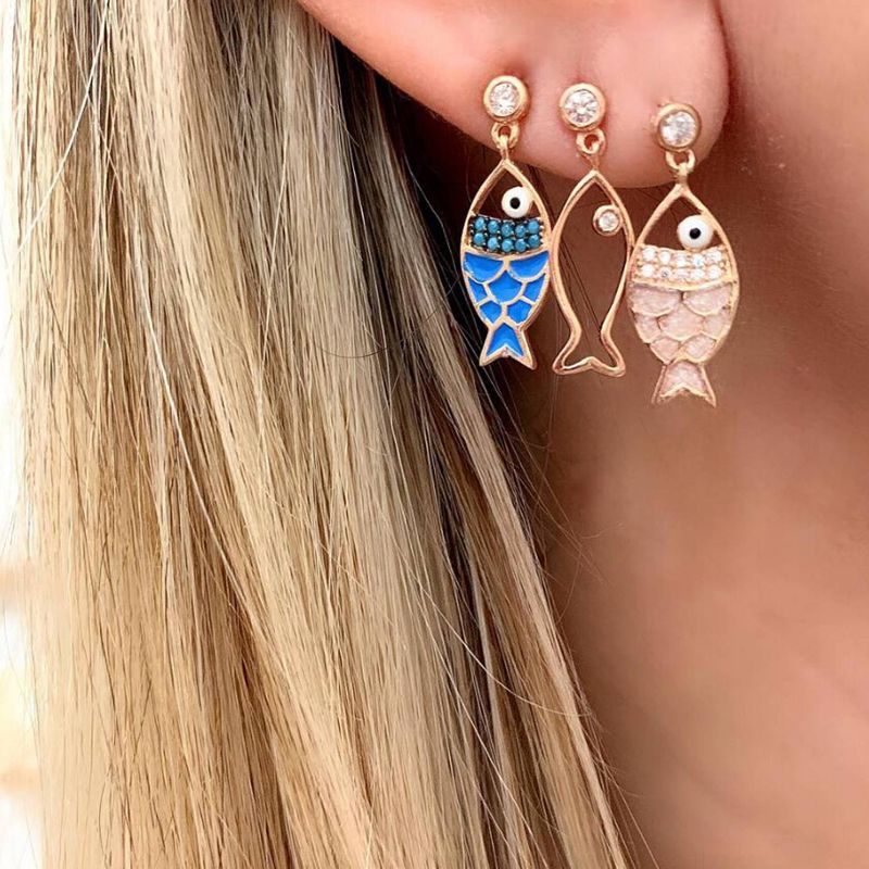 3Pcs/Set Fashion Women Bohemian Sea Fish Crystal Dangle Stud Earrings Jewelry