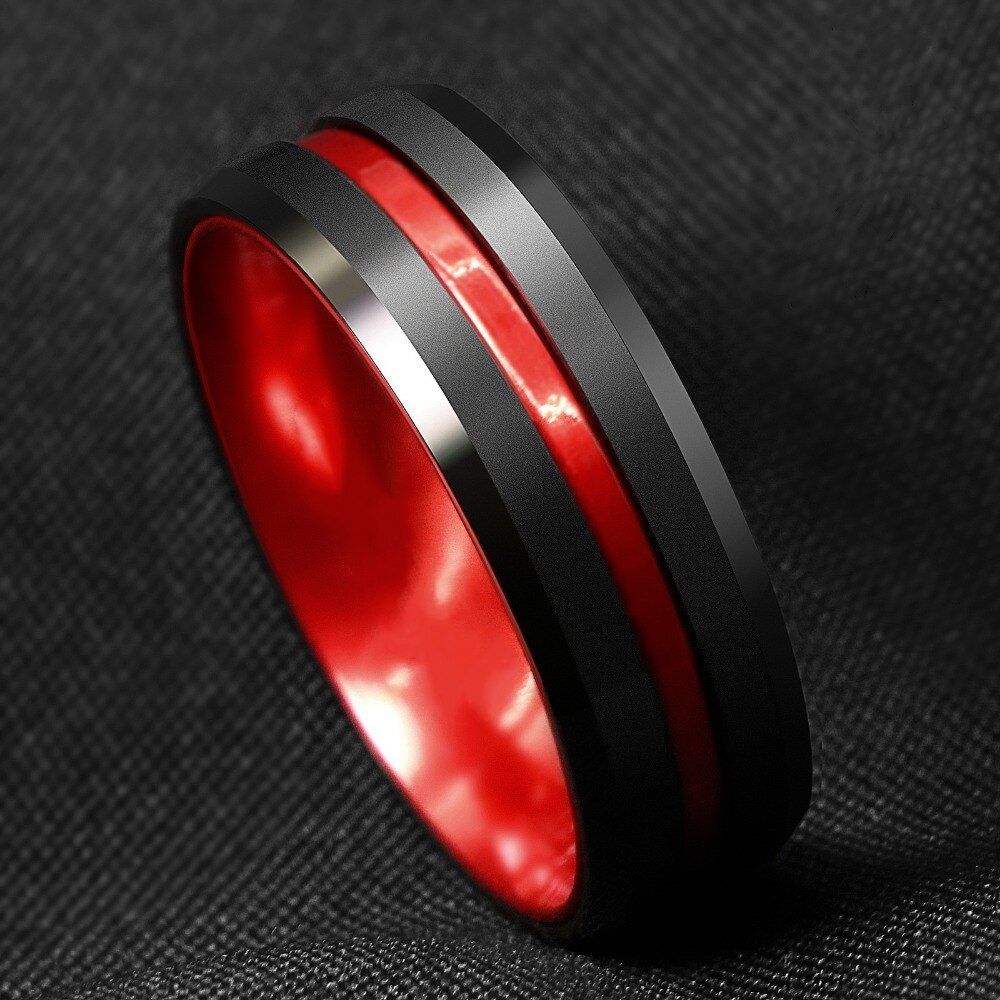 FDLK   8mm Black Carbide Stainless Steel Thin Red Line Wedding Band Ring Men's Jewelry