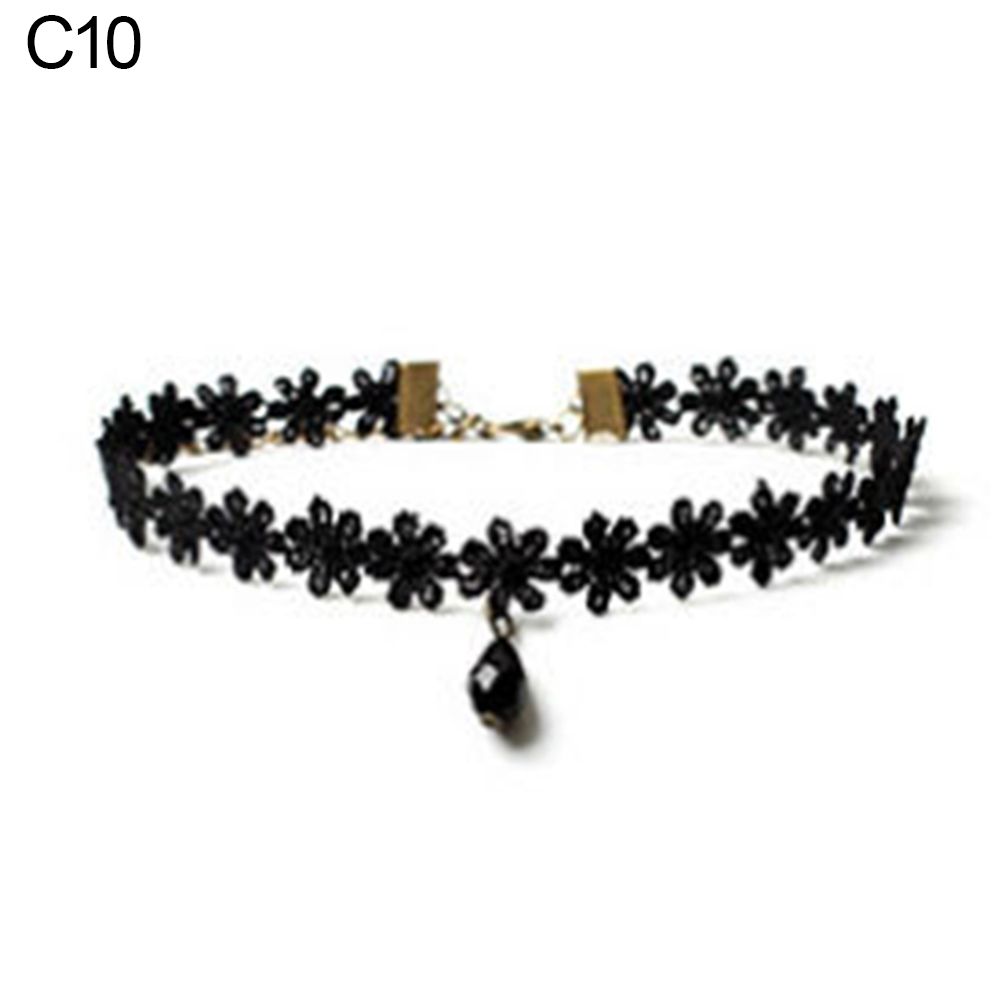 Women's Triangle Pendant Flower Lace Layered Wavy Velvet Vintage Choker Necklace