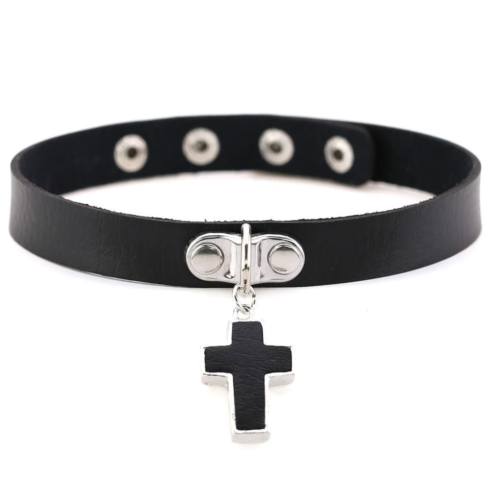 Punk Gothic Black Pu Leather Heart Cross Round Choker Necklace For Women Spike Rivet Neck Jewelry Chocker Collar Necklaces