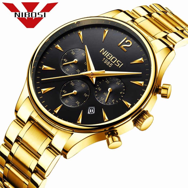 NIBOSI Gold Business Watches Men Luxury Brand Full Steel Leather Waterproof Chronograph Auto Date Wrist Watch Male Quartz Clock