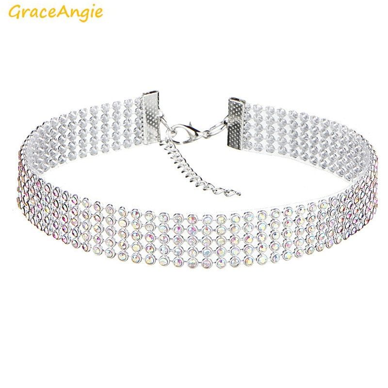 GraceAngie 1pc Shiny Rhinestone Transparent Colorful Optional Silver Color Alloy Chain Choker Necklace Women Party Accessories