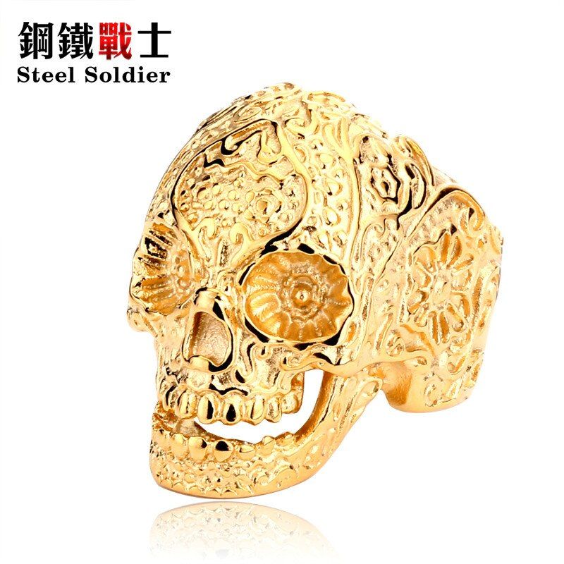 Steel soldier New Vintage Garden Flower Skull ring Black TITANIUM Mens Rings Fashion Jewelry Wholesale Price