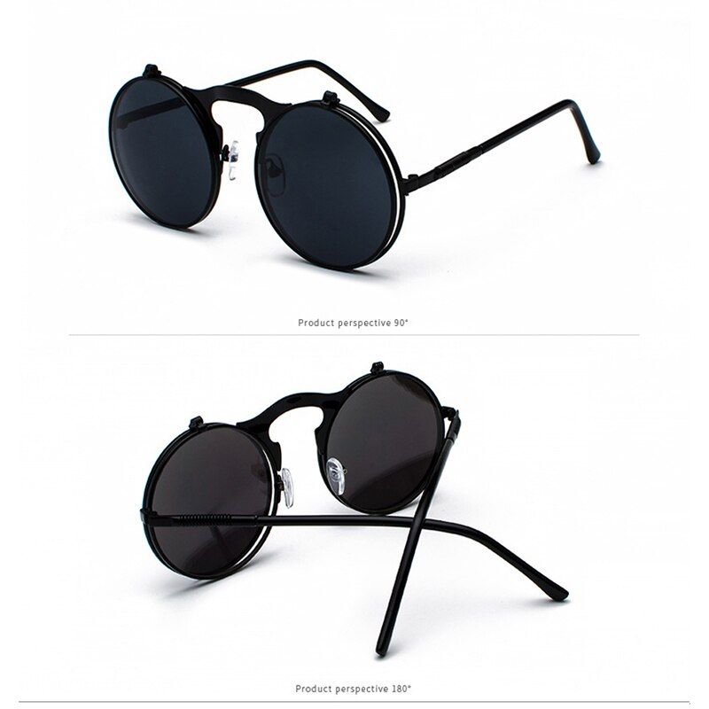 Black Black LensEYECRAFTERS Fashion Steampunk Vintage Retro Style Flip Up Lens Round Sunglasses Spring Legs Clamshell Double Lens Eyewaer