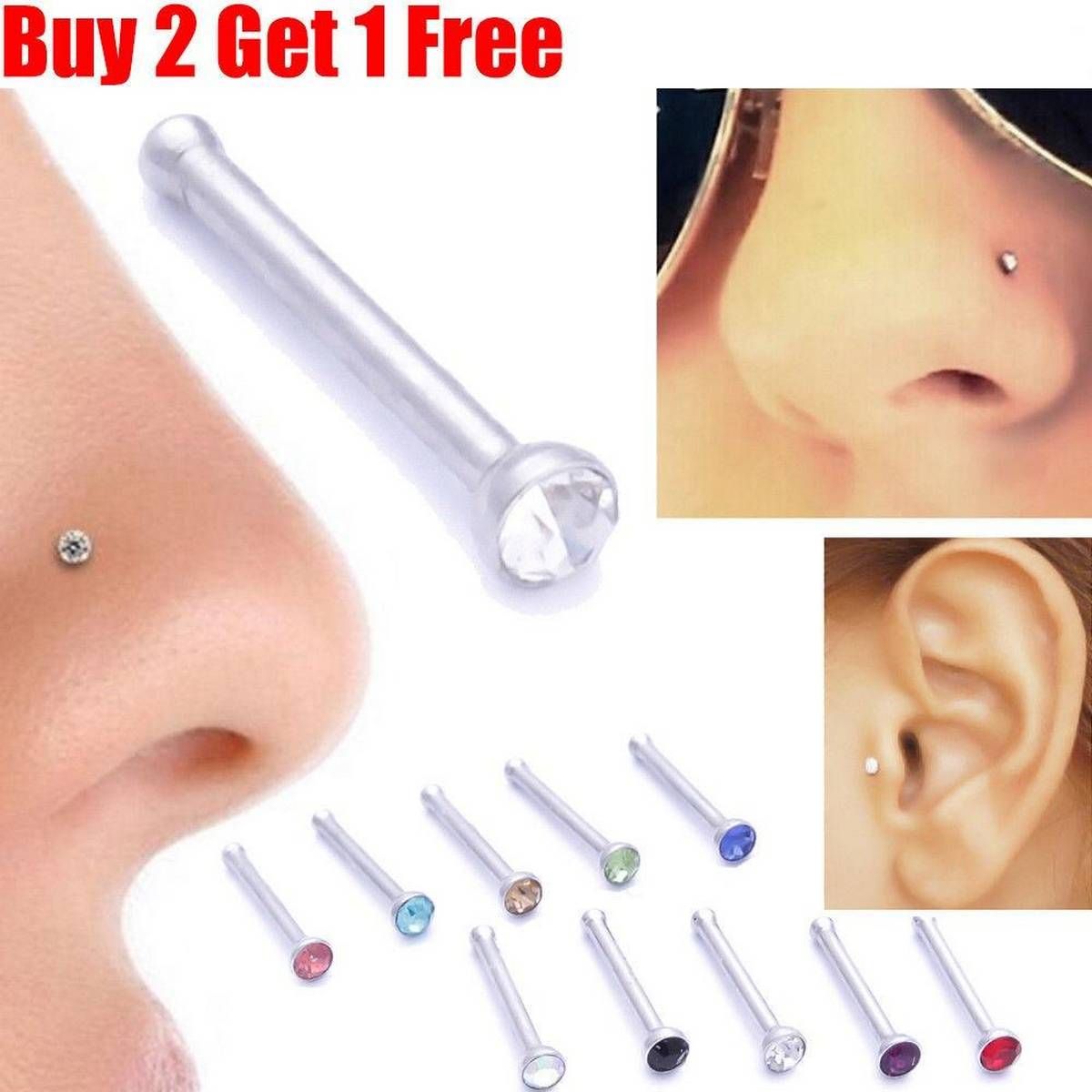 Buy 1 Get 1 Free Nose Rings Bone Stud Pin Cz(Null)
