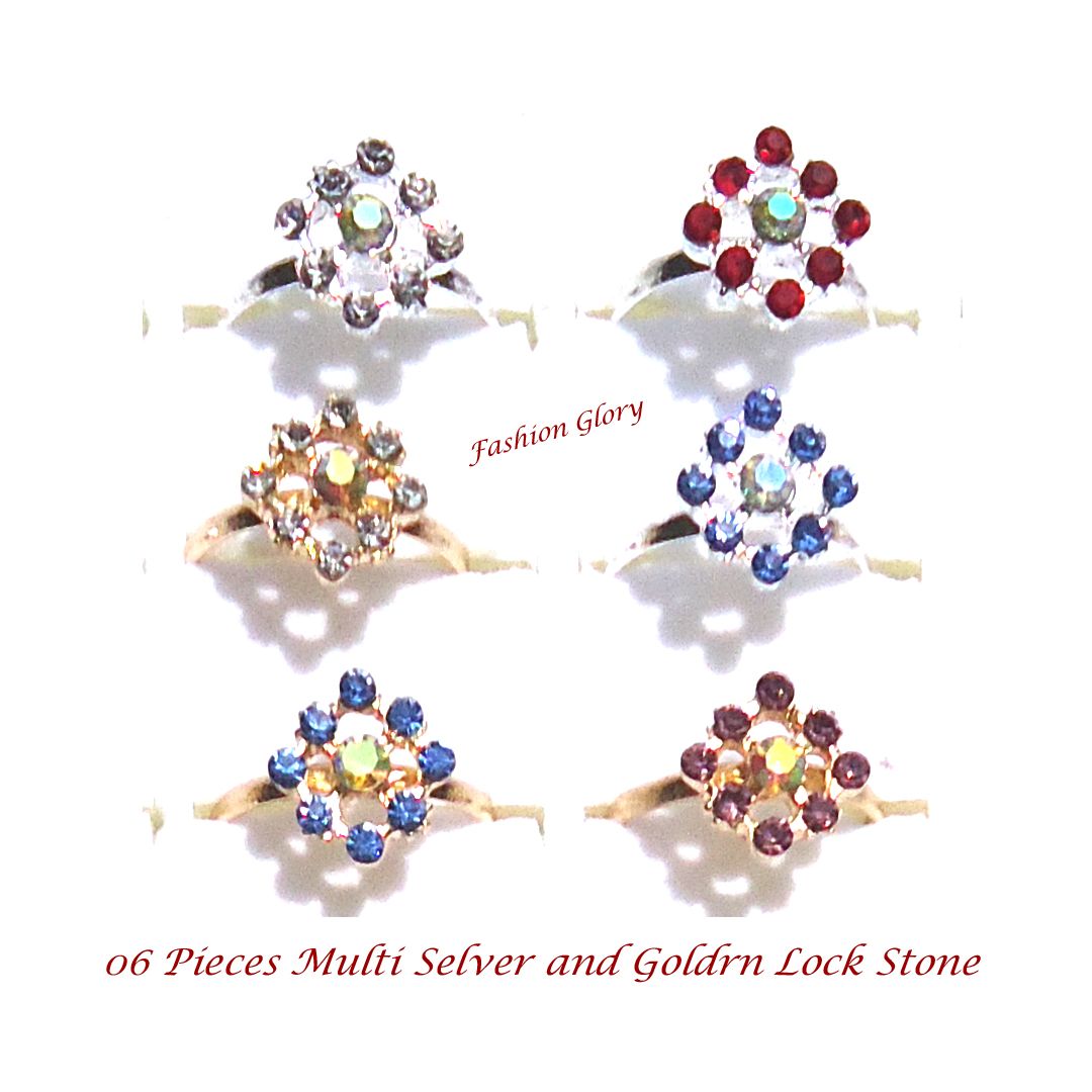 Multi Color Stone Finger Ring Sliver and Golden (Combo) Lock Stone for Women and Girls -6pcs