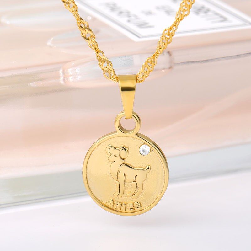 Drop shipping Personality Twelve Constellations Coin Pendant Necklace Female Clavicular Chain Retro Round Leo Logo Zodiac Signs
