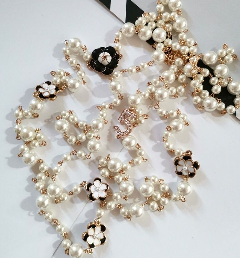 Simulated-pearls Beads Chain Necklace Hollow Camellia flowers Long Necklace Jewelry Gift cc channel Necklace layered Necklace