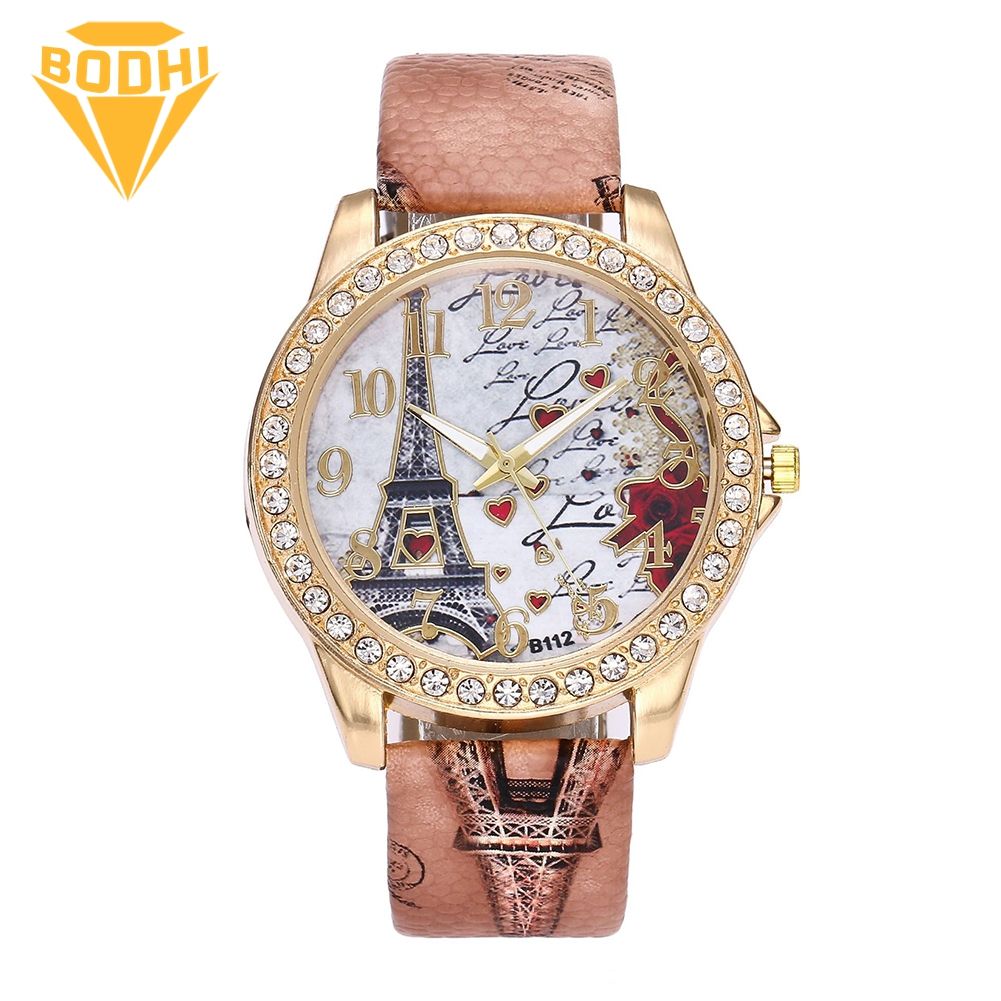 BODHI Women Eiffel Tower Rhinestone Faux Leather Strap Round Dial Analog Quartz Watch