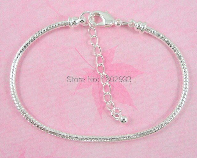 10 pcs /Lot Silver Plated Tone Lobster Clasp Snake Chain Charm Bracelets & Bangles For European Beads Jewelry DIY Sets PP02