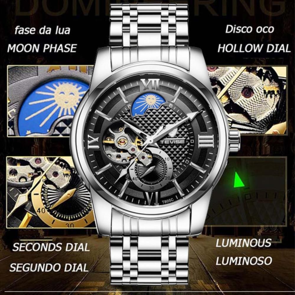 【BestGO】New TEVISE Moon Phase Clock Men's Automatic Mechanical Watches Men Fashion Business Gold Stainless Steel Watch relogio masculino T805C - intl