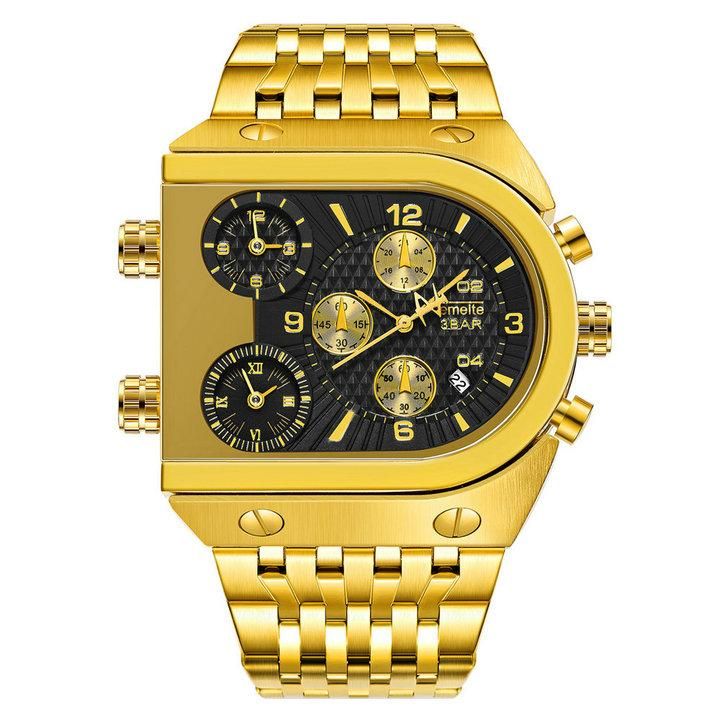 Quartz Mens Watches Top Brand Luxury Golden Clock 3 Time Zone Stainless Steel Strap Oversize Wristwatch