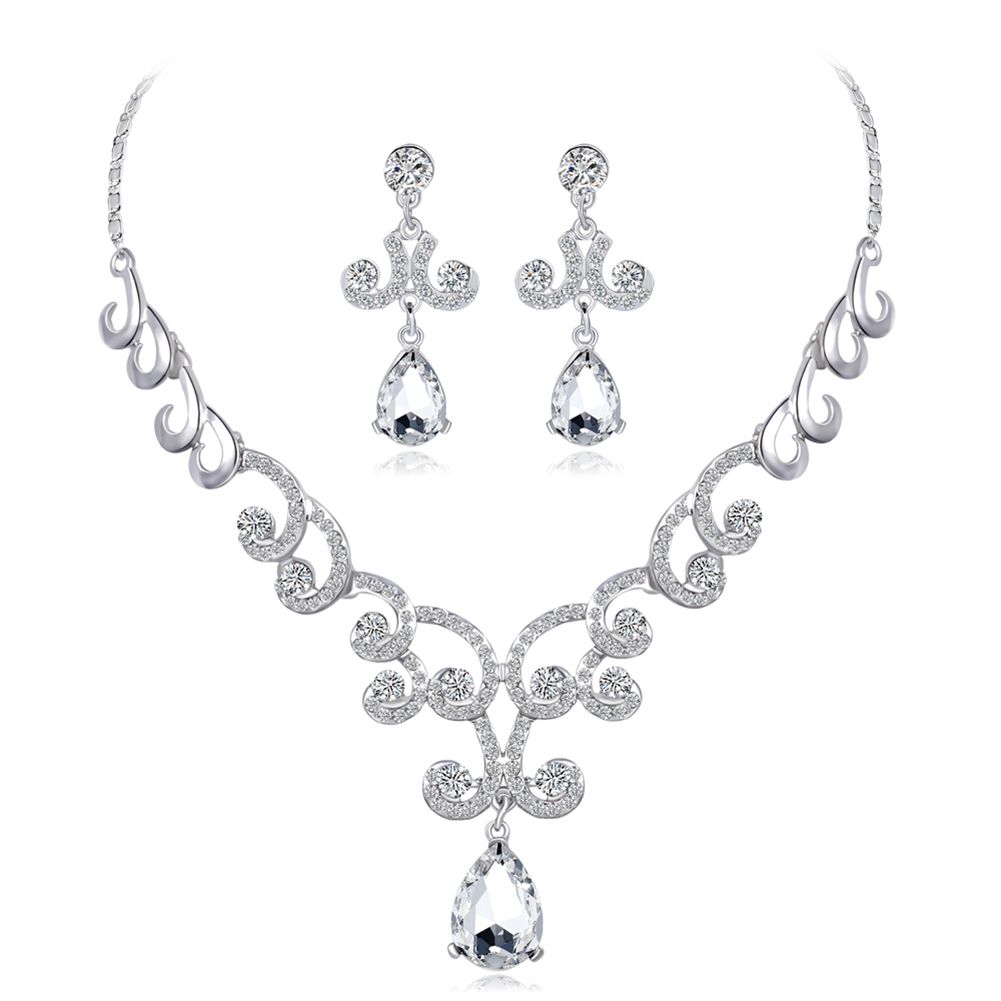 Lady Fashion Rhinestone Pendant Earrings Necklace Luxury Bridal Jewelry Set