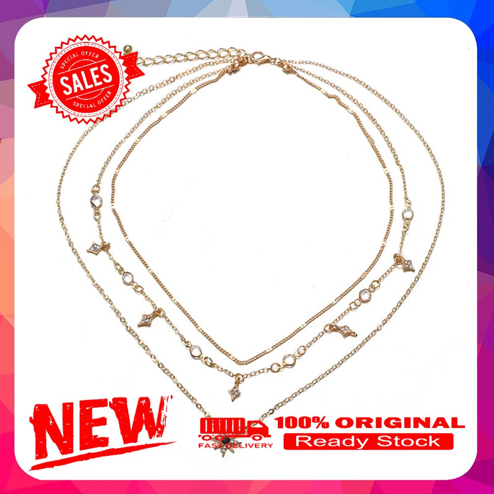 Women Multi Layer Rhinestone Inlaid Star Pendant Chain Necklace Jewelry Gift