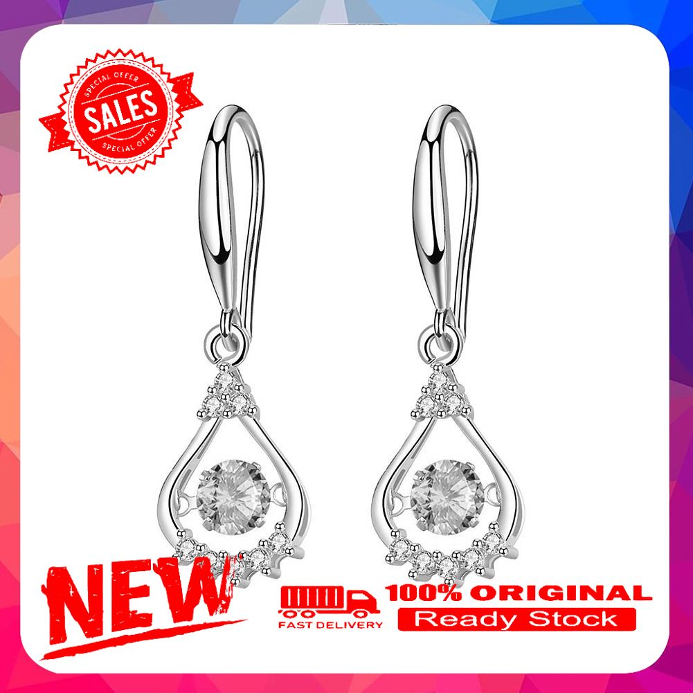 Women Round Cubic Zirconia Inlaid Water Drop Dangle Hook Earrings Jewelry Gift