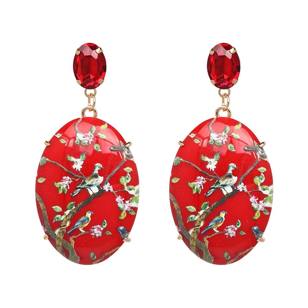 Women Resin Oval Dangle Earrings Hand Painted Flower Bird Party Jewelry