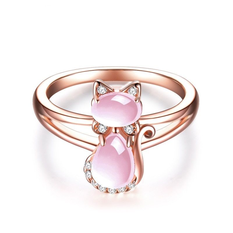 ZN 2019 Fashion Cute Cat Ring Rose Gold Color Cute Cat Animal CZ Ross Quartz Crystal Pink Opal Rings Jewelry for Women Girls