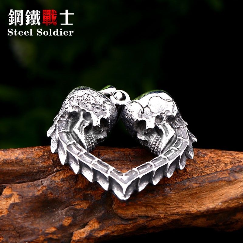 Steel soldier double skull heart design punk biker pendant stainless steel necklace chain trendy jewelry