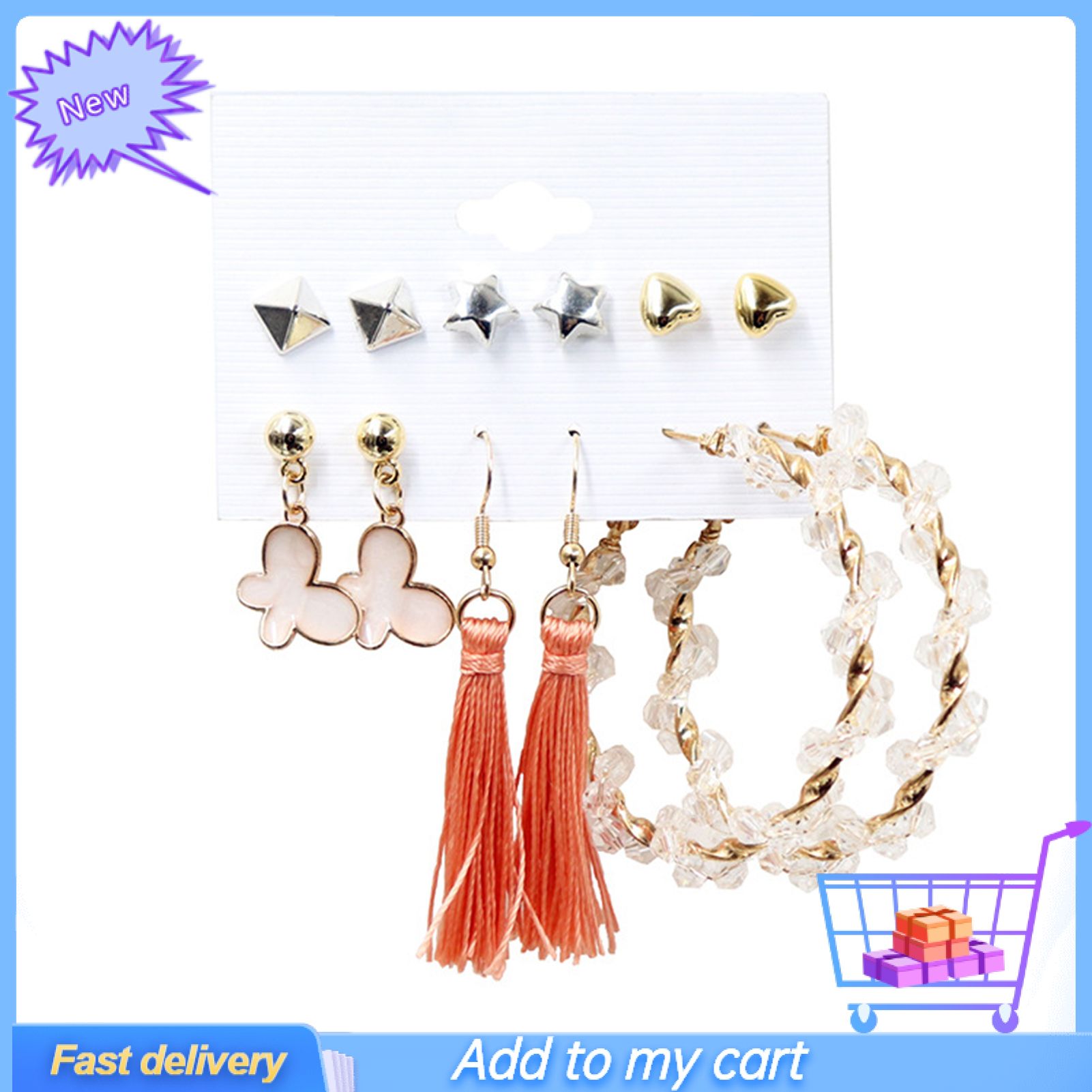 6 Pairs/Sheet  Women Large Circle Tassel Faux Pearl Dangle Earring Jewelry Accessory