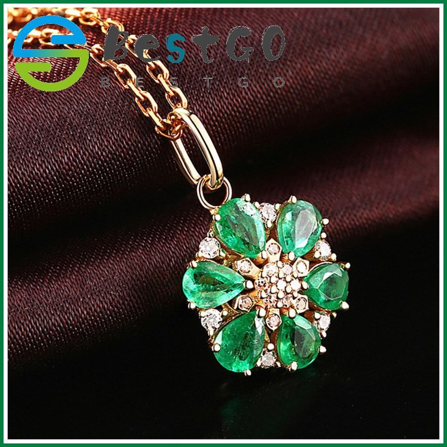 Korean Emerald Pendant Light Color Treasure Necklace Six-Petal Flower Diamond Pendant K Gold-Plated Diamond Inlaid Necklace