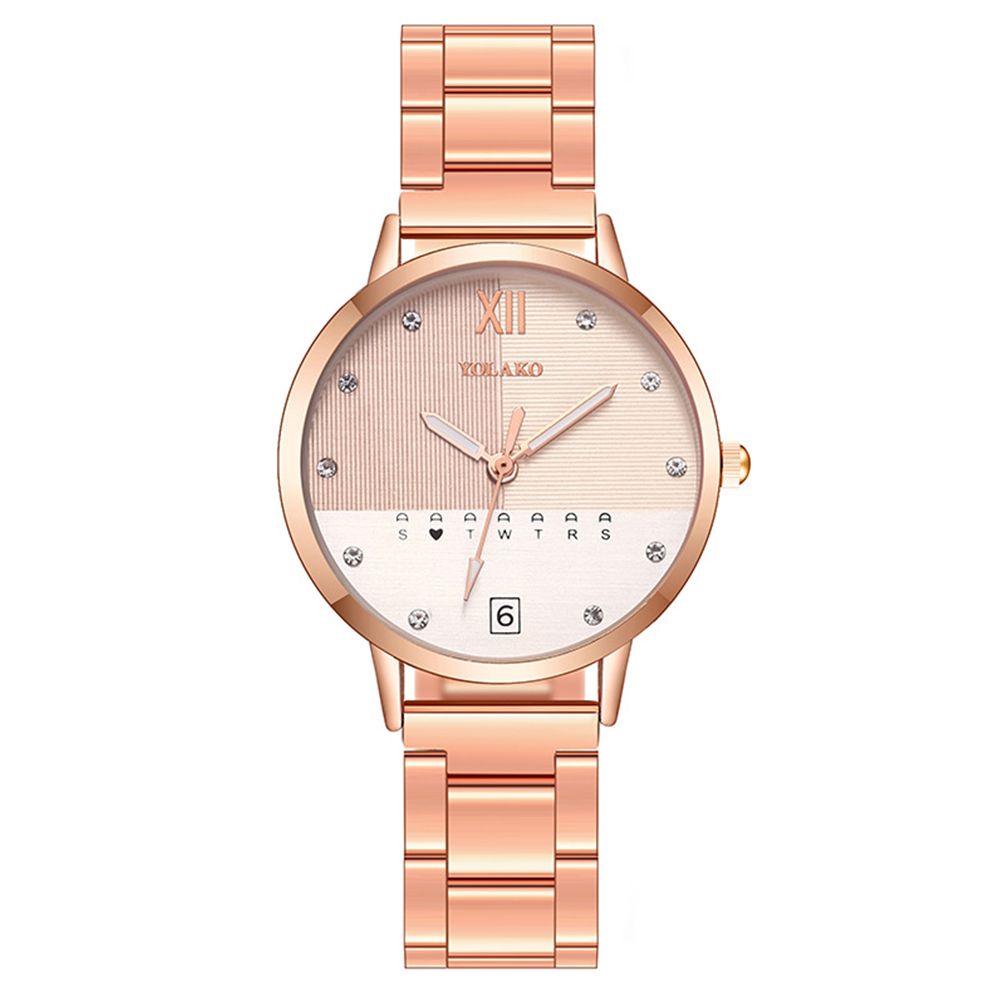 Yfashion Women Watch Rhinestone Inlaid Quartz Movement Roman Numeral Alloy Band Fashion Lady Wristwatch