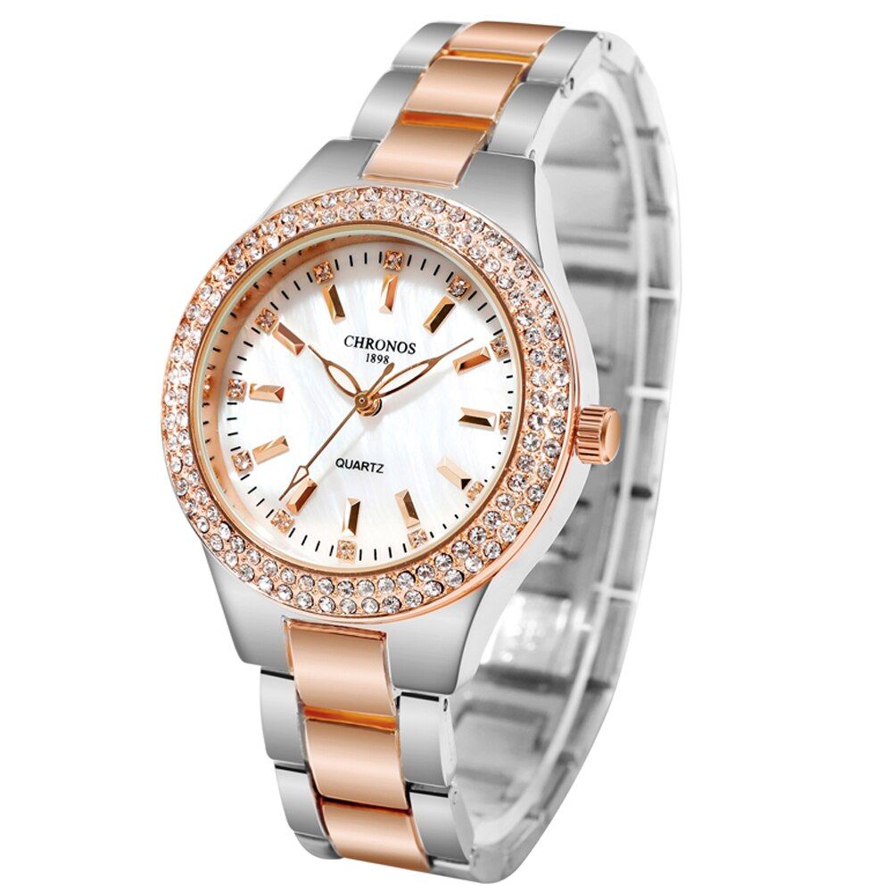 CHRONOS Women Watch Rhinestones Simple Dial Stainless Steel Folding Clasp Bracelet Luxury Ladies Fashion Wristwatch CH36