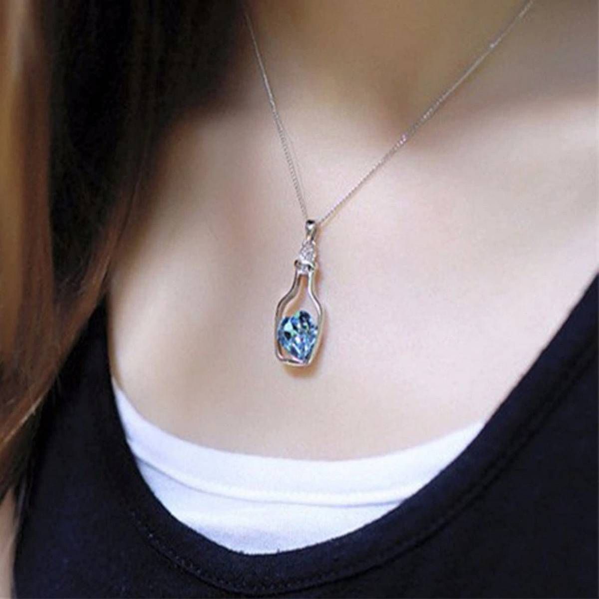 Women Ladies Fashion Popular Crystal Heart Pendant Necklace Love Drift Bottles Necklace for women Boho Choker