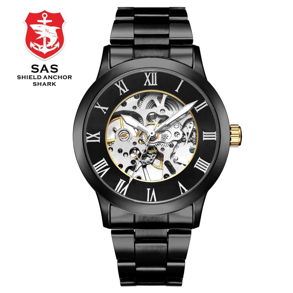 【BestGO】SAS Skeleton Mechanical Hollow Men's Business Watches Stainless Steel Strap Dress 3D Roman Vintage Classical Luxury Brand Wristwatch Black