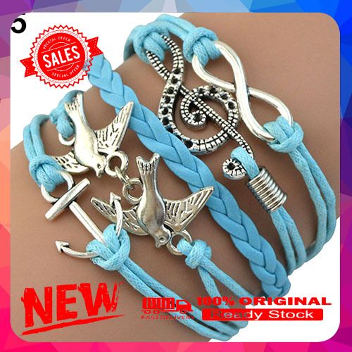 Women Retro  Skull Music Pigeon Faux Leather Charm Bracelet Bangle Cuff