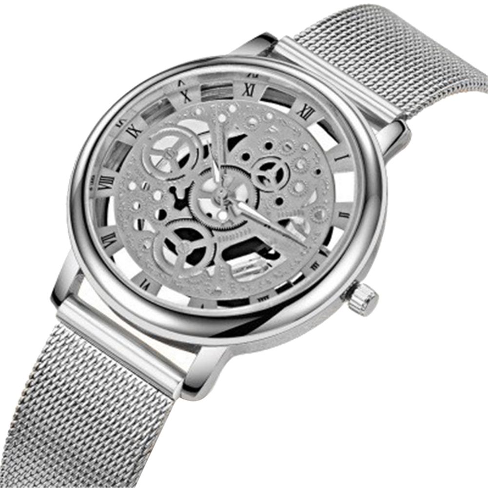 Fashion Men Hollow Metal Mesh Band Round Dial Roman Number Analog Quartz Watch