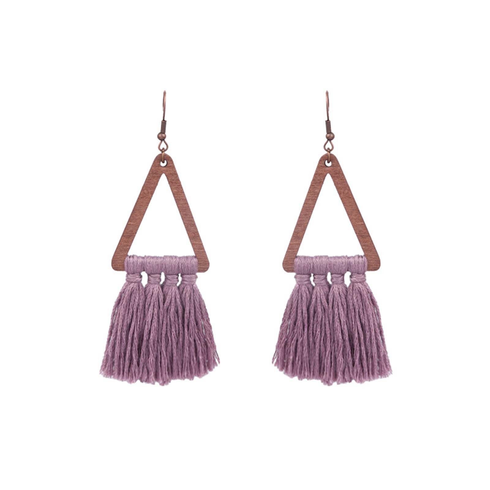 Charm Earrings Triangle Wood Bohemian Cotton Thread Tassel Hook Earrings
