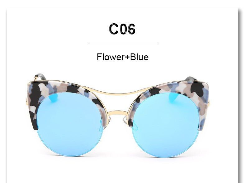 B82A Flower BlueVintage Fashion Cat Eye Sunglasses Women Metal Retro Flat Brand Designer Mirror Sun Glasses Shades UV400