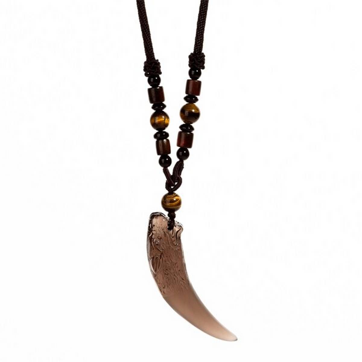 Obsidian Wolf Tooth Pendant Necklace Lucky Beaded Rope Couple Necklaces