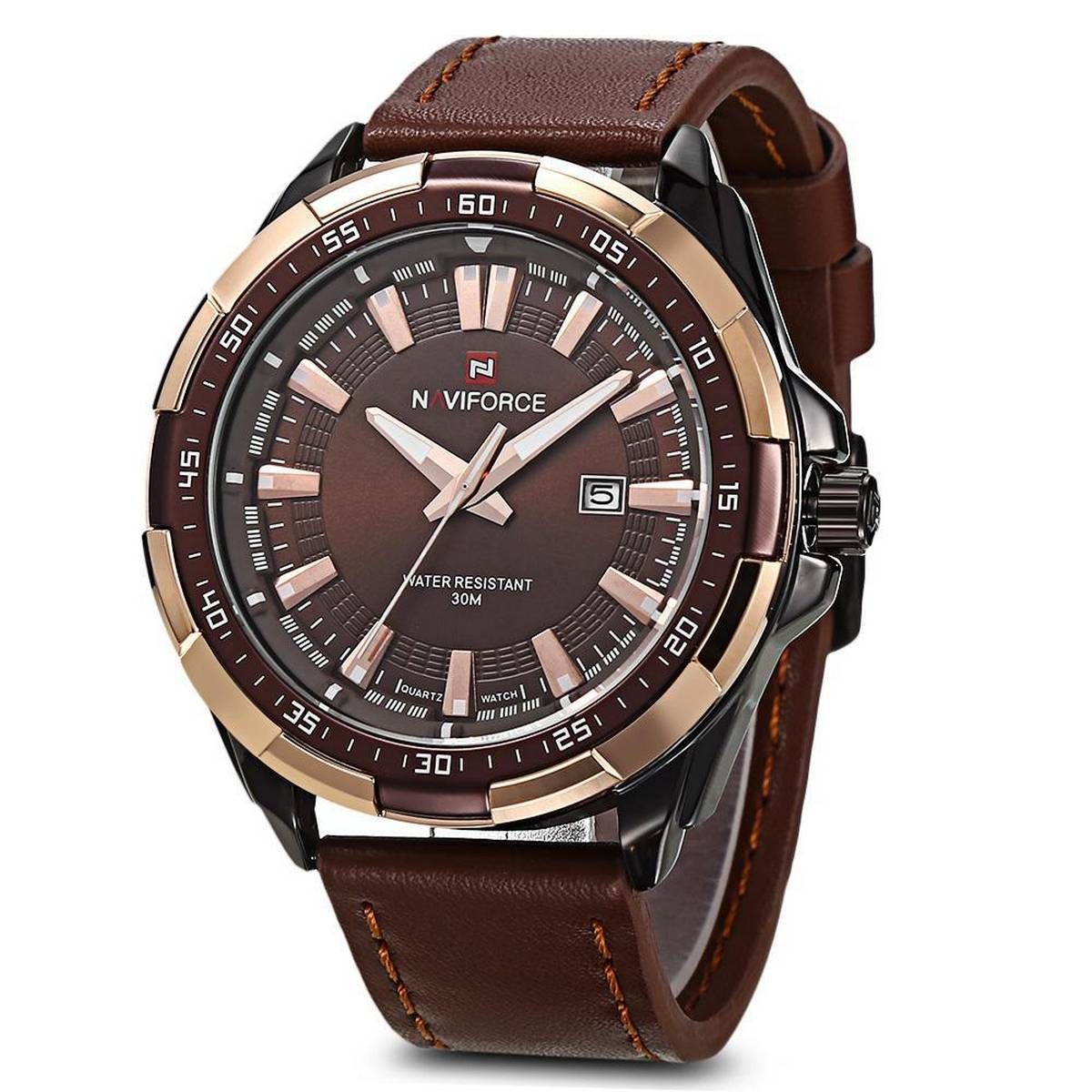 【BestGO】NAVIFORCE 9056 Men Leather Band Quartz Watch 30M Water Resistant Luminous - intl