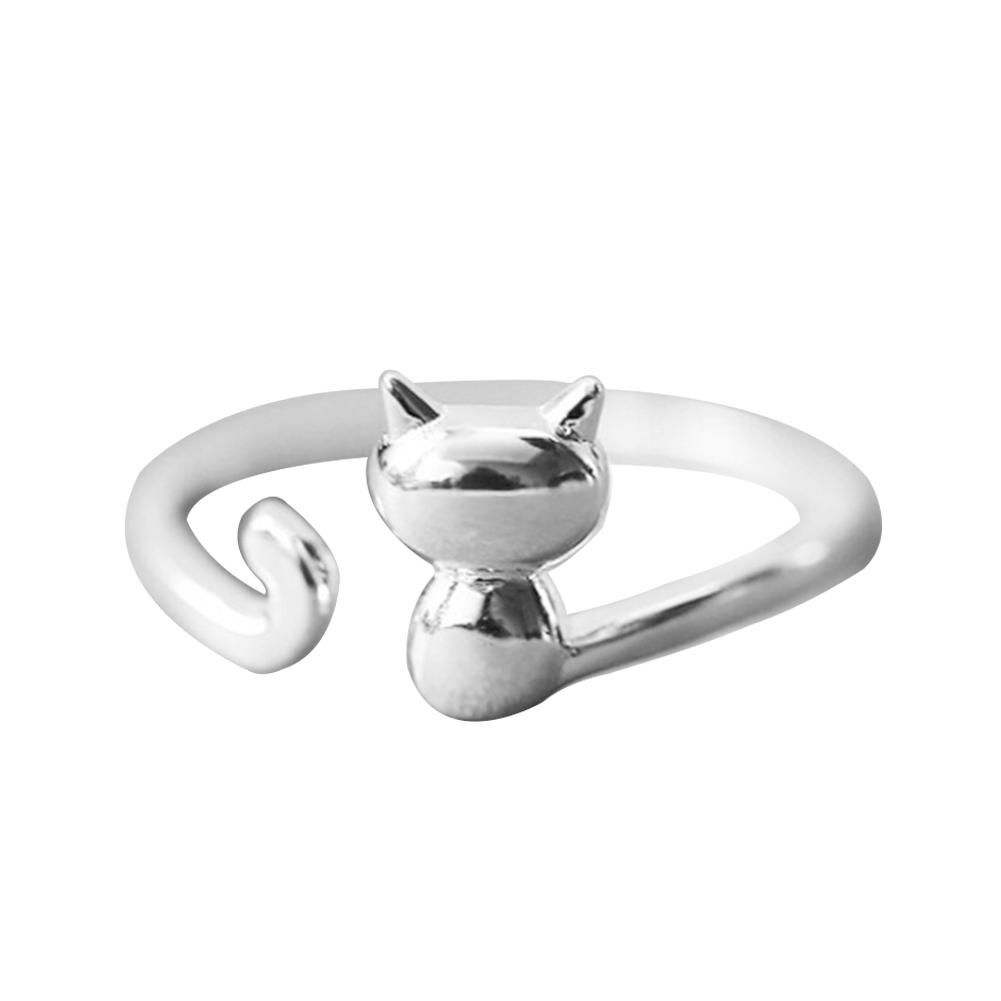 Women Silver Plated Cats Open Animal Finger Ring Adjustable Jewelry
