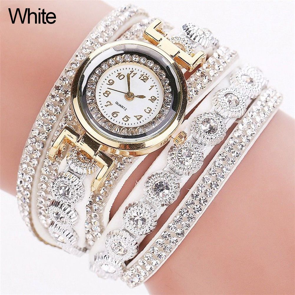 Vintage Lady Rhinestone Decor Round Dial Analog Quartz Wrist Watch Bracelet