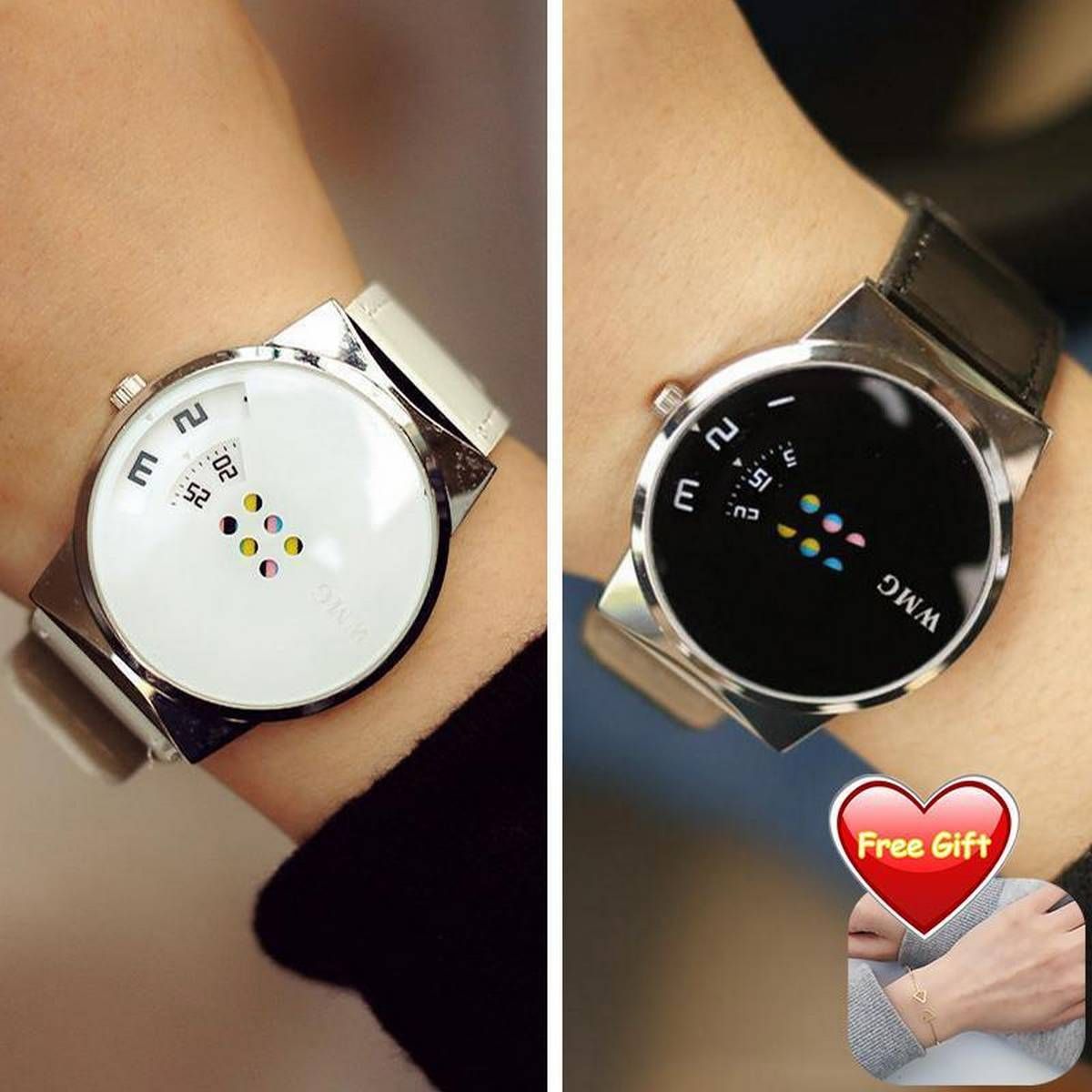 OIMG Couple Watch 2Pcs/Set Fashion Quartz Lovers Watches Colorful Digital Casual Pu Leather Wristwatch