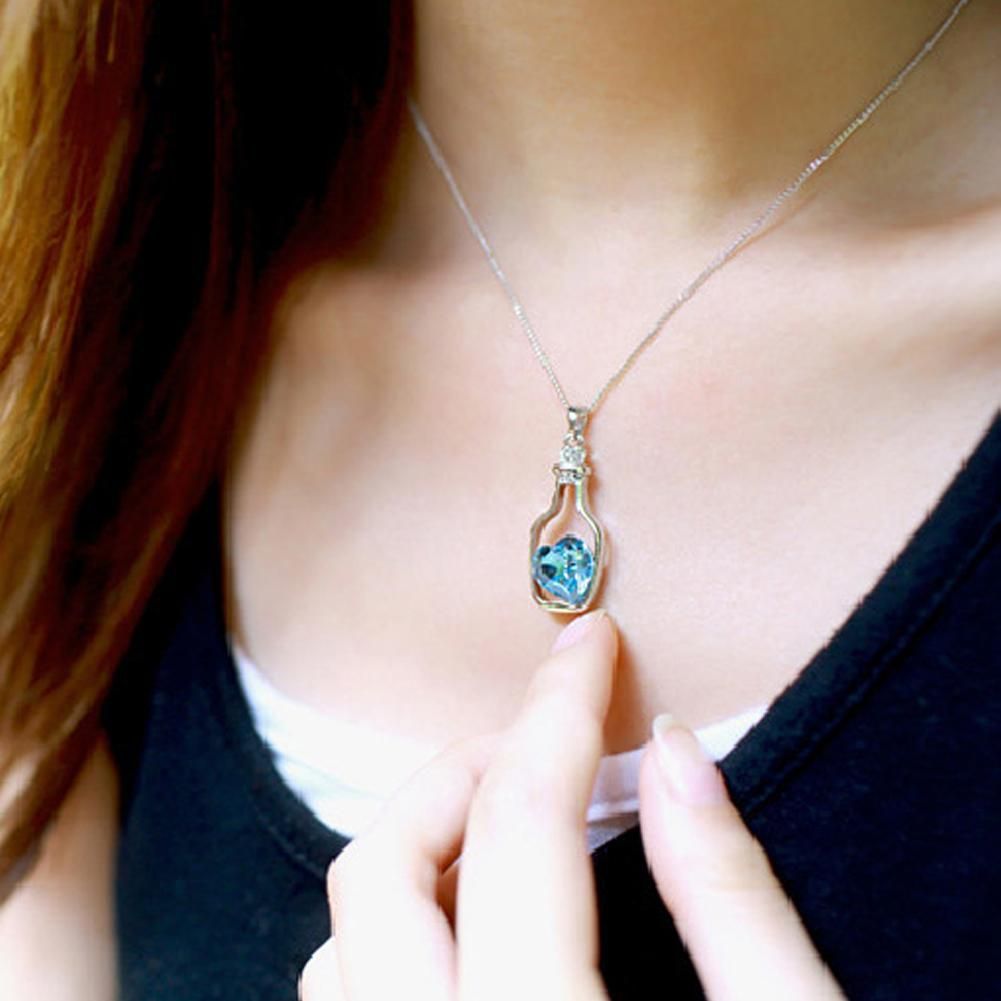 Women Drift Bottle Pendant Heart Rhinestone Inlaid Necklace Jewelry