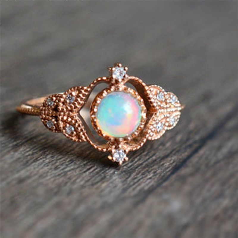 AMORUI Rainbow Opal Moonstone Crown Weddings Rings for Women Crystal Butterfly Moon Stone Leaf Ring Gift Bijoux Femme Jewelry