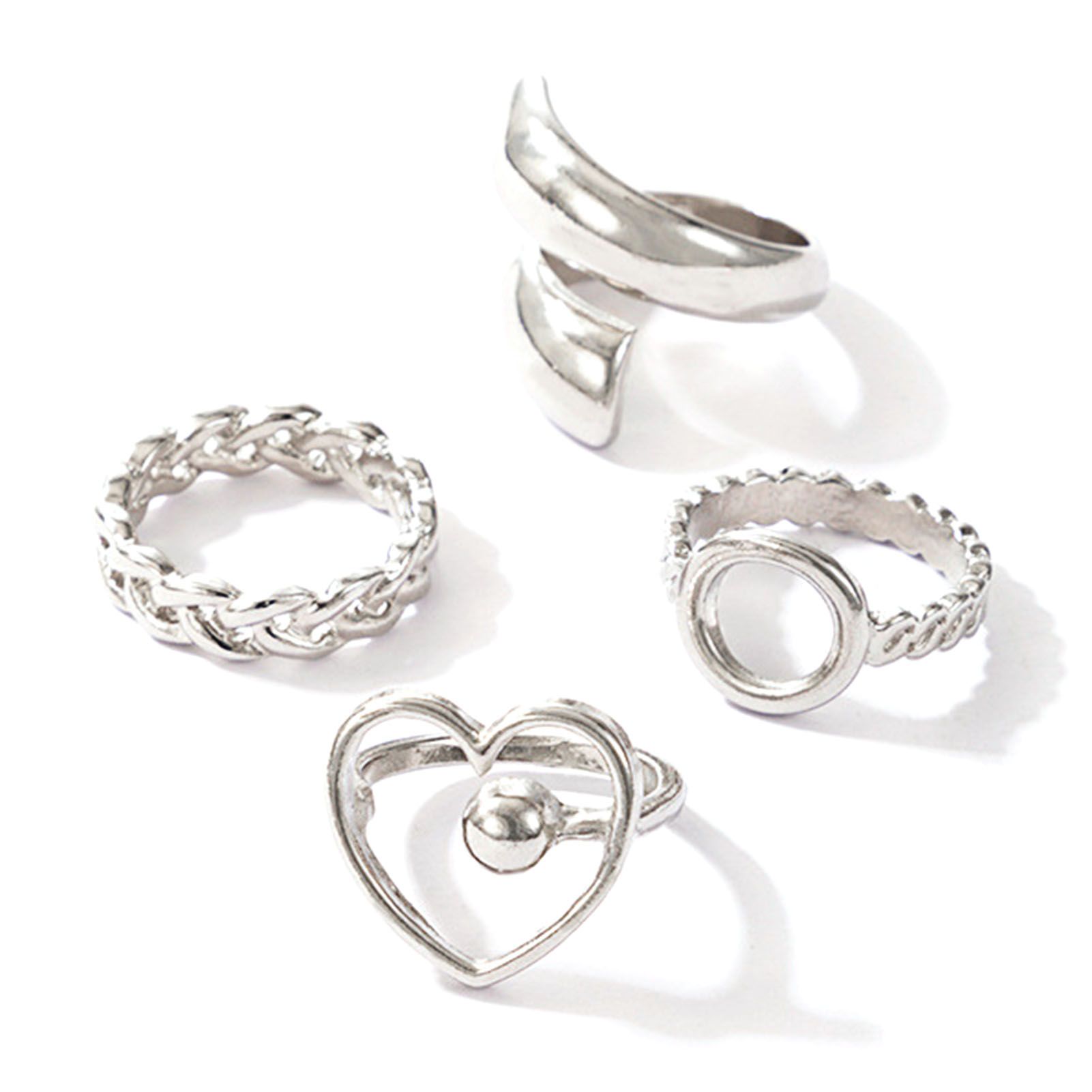 4Pcs/Set Heart Geometric Shape Alloy Hollow Chain Opening Finger Rings Joint Rings for Party