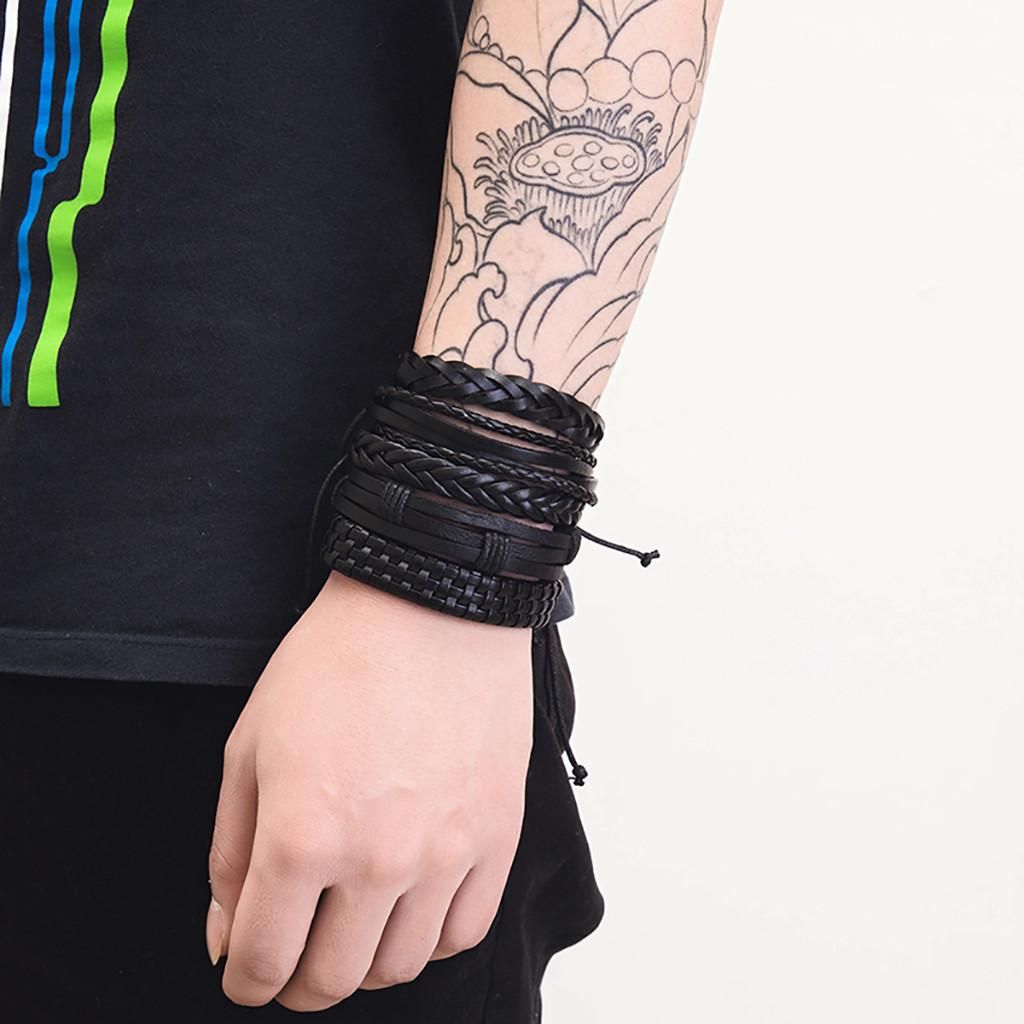 Men Simple Vintage Woven Leather Bracelet Alloy Guitar Leather Bracelet Set