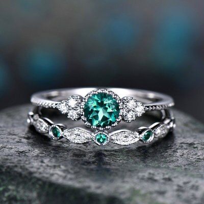 2Pcs/Set Luxury Green Blue Crystal Wedding Finger Ring Rhinestone For Women Female Bridal Engagement fashion Jewelry