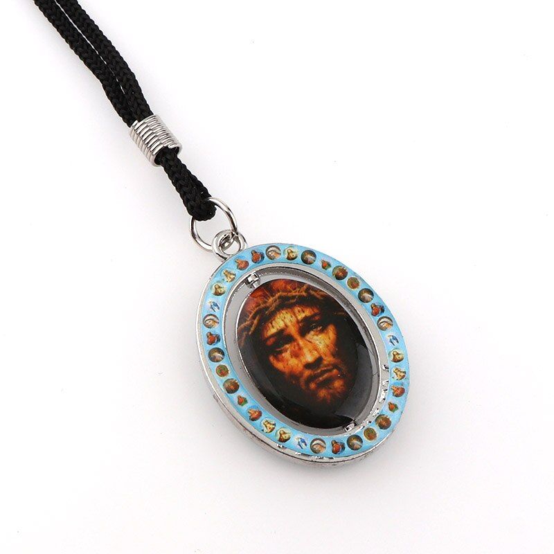 Religious Catholic Orthodox Oval Spinning Pendant Necklace Duplex Enamel Alloy Pendant rosaries necklace with 70cm Black Rope