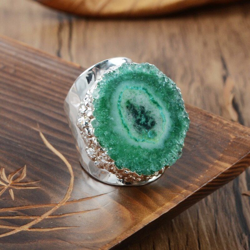 BOROSA 1PCS Rainbow Flower Solar Quartz Druzy Ring Silver Color Adjustable Fashion Quartz Band Ring High Quality S0308