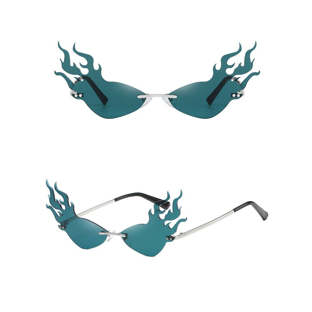 C03 Dark greenPopular Fashion Rimless Wave Sun Glasses UV 400 Eyewear Fire Flame Sunglasses Luxury Trending Narrow Streetwear Sunglasses Hot