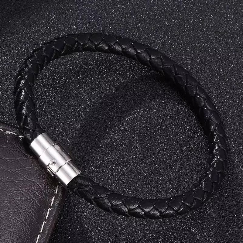 Black Braided Leather Bracelet Men Stainless Steel Magnetic Clasp Male Wristband