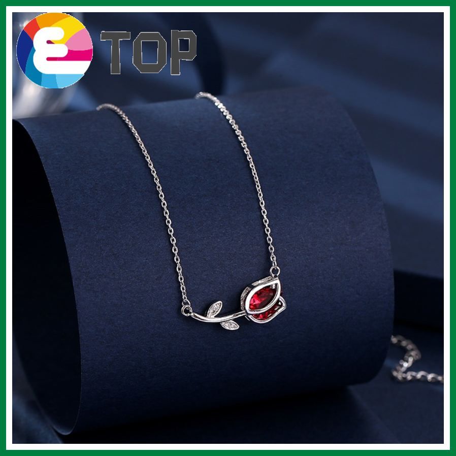 Korean Of Fashion All-Match Rose Inlaid Ruby ​​White Copper Necklace For Girlfriend Love Gift