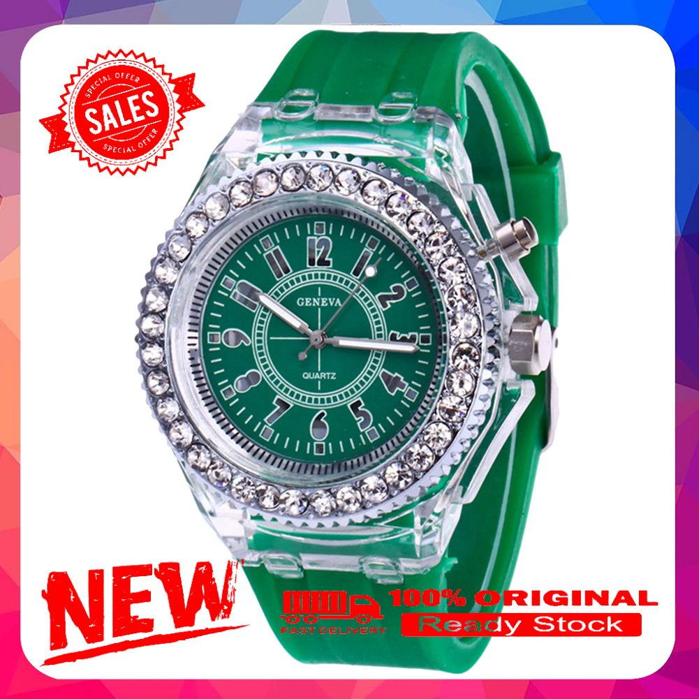 Children Rhinestone Round Dial LED Light Up Silicone Band Quartz Wrist Watch