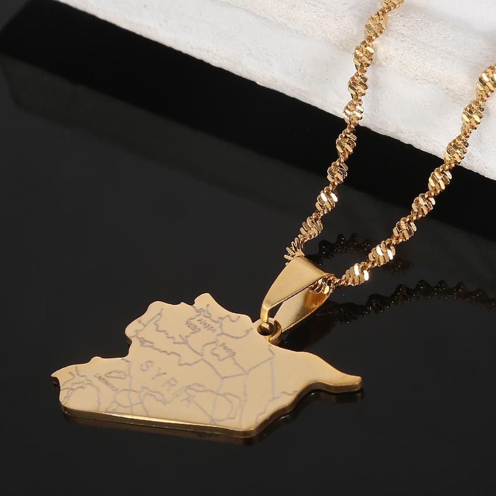 Stainless Steel Silver Color Syria Map Charms Pendant Necklace Fashion Syrians Map Chain Jewelry