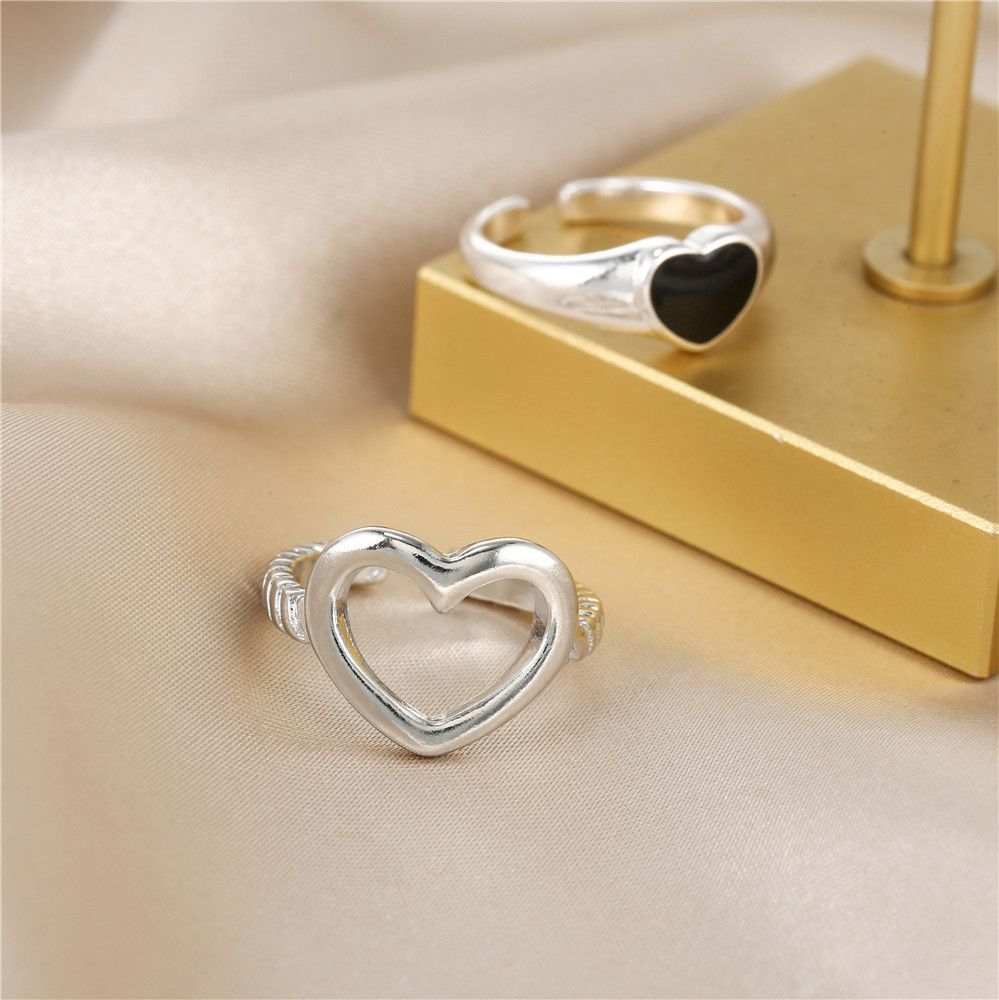 2Pcs Fashion Silver Finger Ring Ins Girl Black Hollow Heart Rings Set Accessories For Men Women